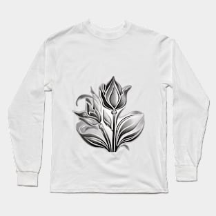 Silver Floral Elegance on Black Background No. 939 Long Sleeve T-Shirt